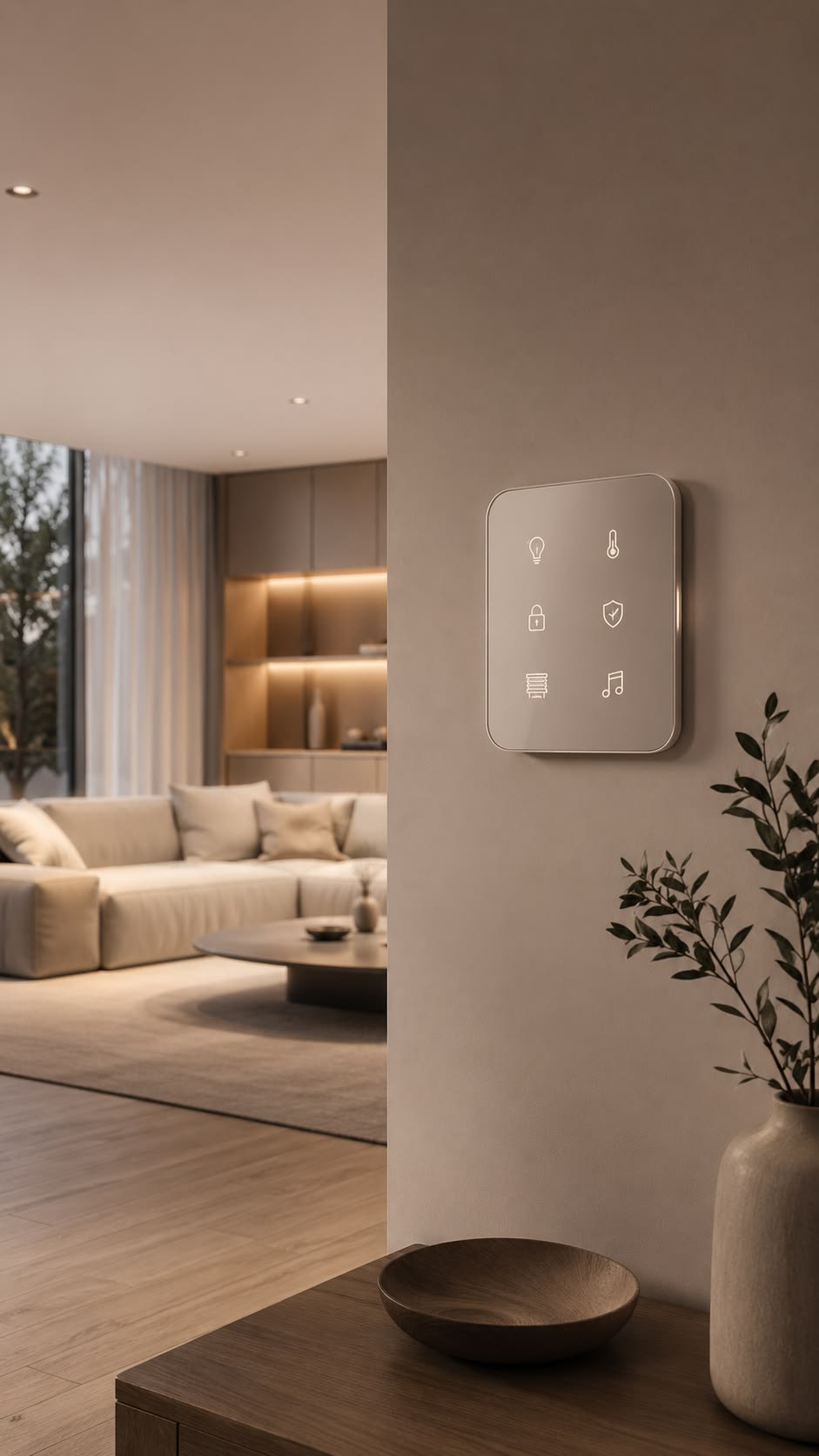 Smart home control panel in a modern connected home interior