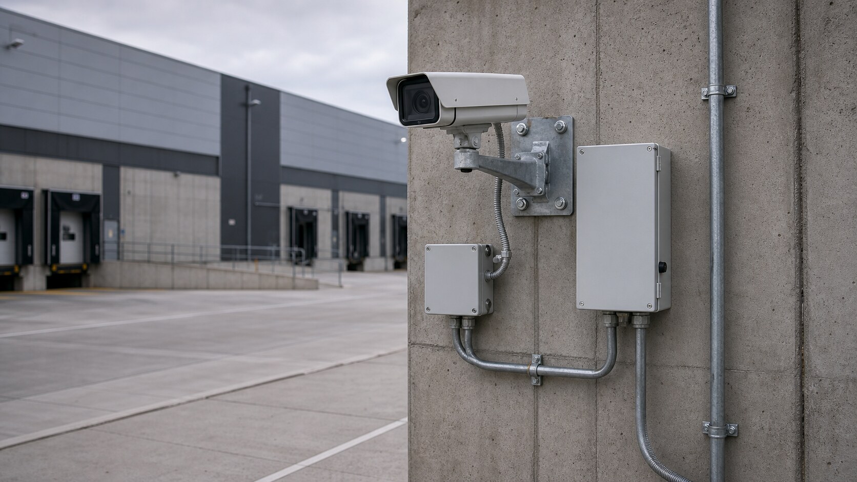Professional camera deployment with mounting, protected power and weatherproof conduit