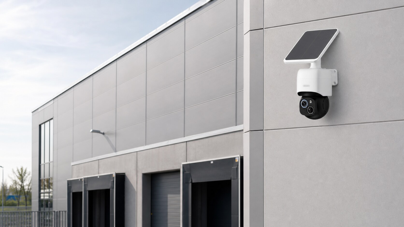 Solar security camera installed at a commercial outdoor site