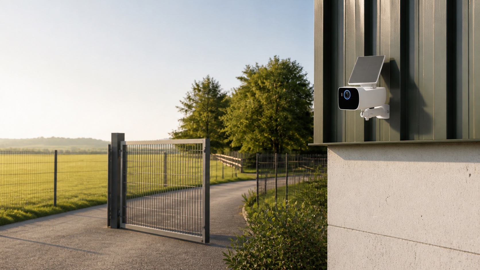 Solar security camera installed at a rural property entrance